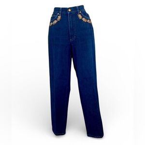 ESCADA jeans, 4 embroidered gold elephants on pockets, blue denim. 40